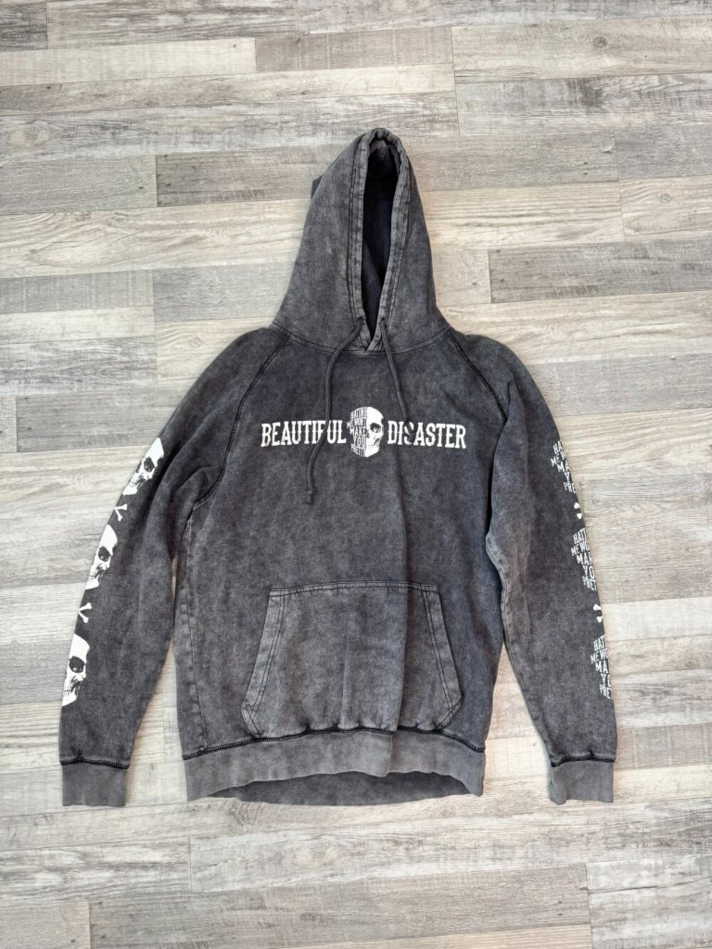 Beautiful Disaster Black Acid Washed Graphic Hoodie Women's Large Skulls F4